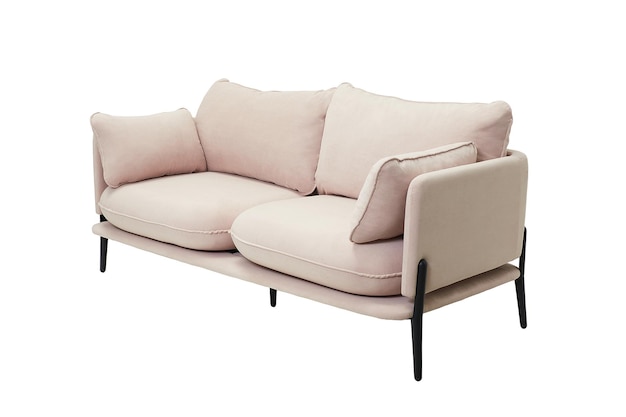 Sofá de tecido rosa moderno com pernas pretas isoladas na vista lateral de fundo branco