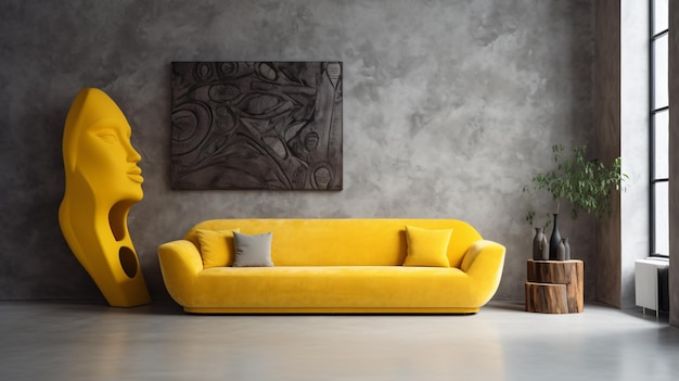 Sofa de veludo amarelo perto da parede de estuque com madeira