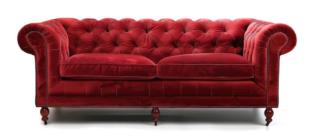 Sofa de veludo vermelho isolado em fundo branco com série de móveis de corte