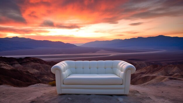 Un sofá en el desierto con una puesta de sol detrás