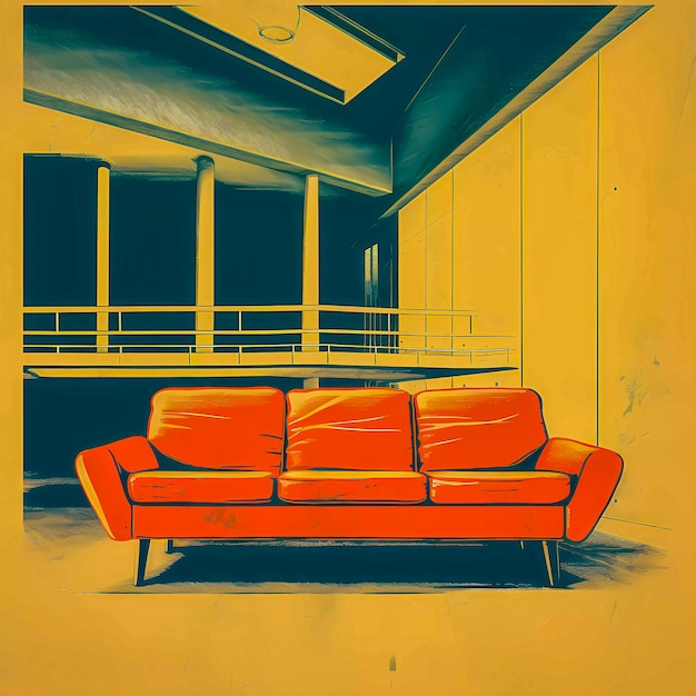 Sofá de diseño de interiores de Retro Furniture Mall en los años 60, estilo artístico, arte pop, IA generativa