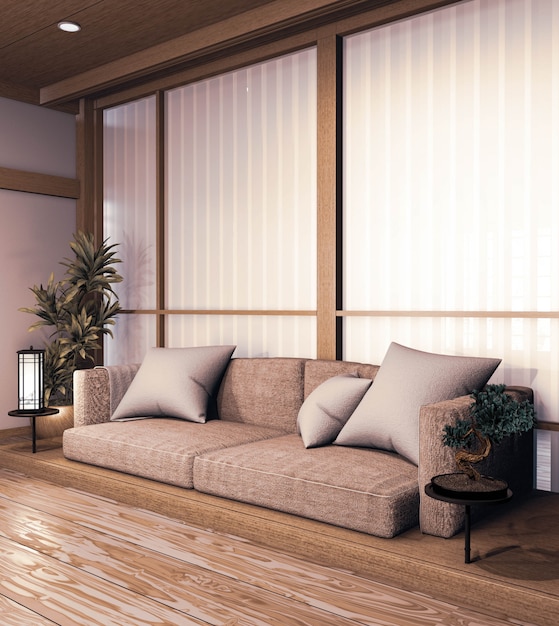 Sofá de diseño japonés de madera, sobre suelo japonés de madera y lámpara de decoración y florero de plantas. Representación 3D