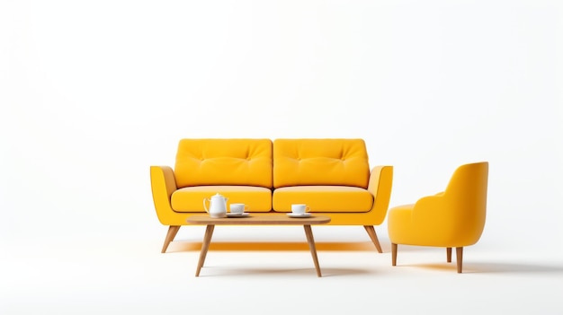Foto sofa e cadeira amarelo minimalista com xícara de café branca