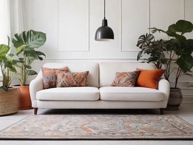 Sofa e lâmpada de planta de casa de tapete padronizado em um interior branco