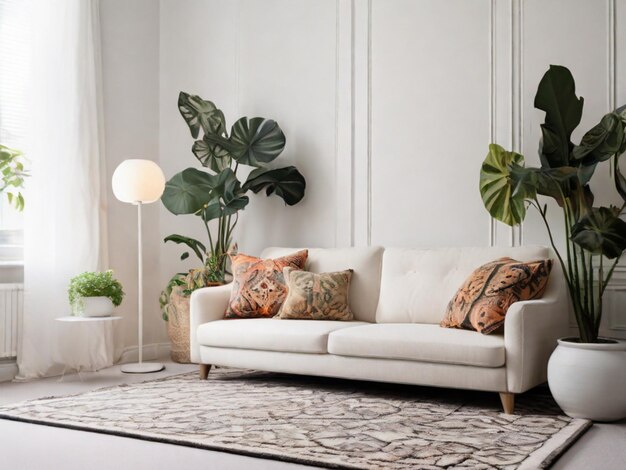 Sofa e lâmpada de planta de casa de tapete padronizado em um interior branco