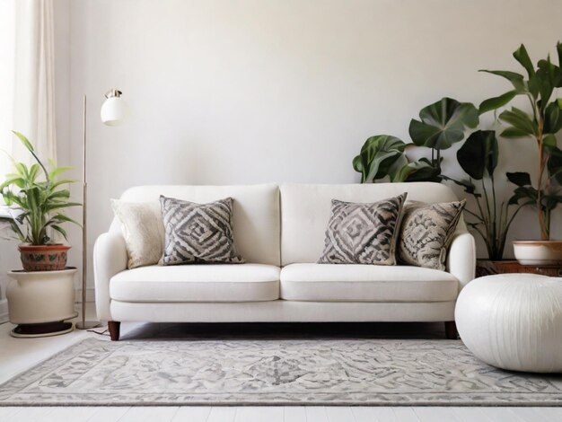 Sofa e lâmpada de planta de casa de tapete padronizado em um interior branco