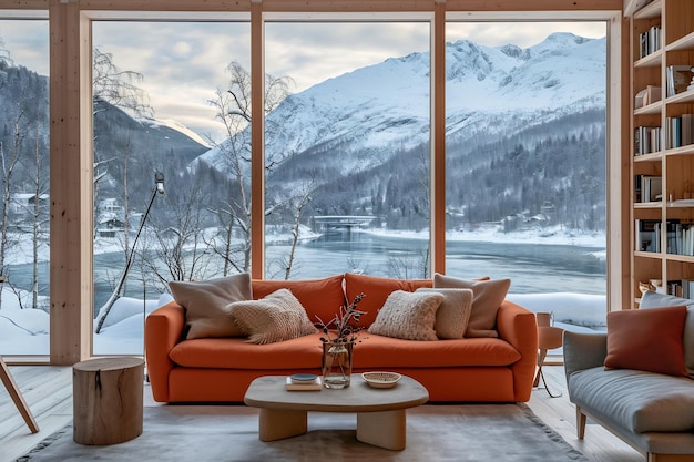 Foto sofa e poltrona de coral contra a janela com vista para o rio e a montanha