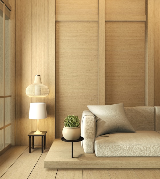 Sofá e travesseiro no quarto e piso design de interiores de madeira