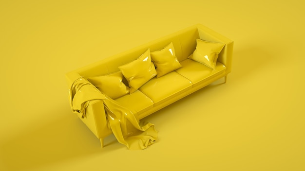 Sofá elegante aislado sobre fondo amarillo. Ilustración 3D.