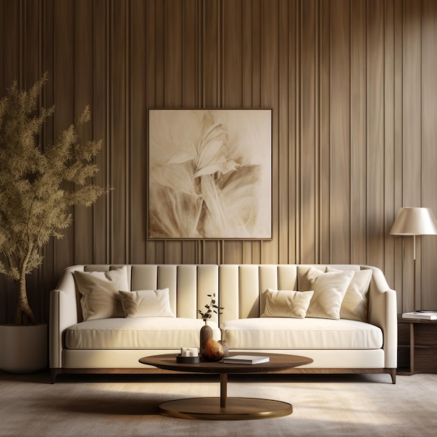 Sofá elegante de veludo bege contra parede com painéis Design de interiores de sala de estar moderna