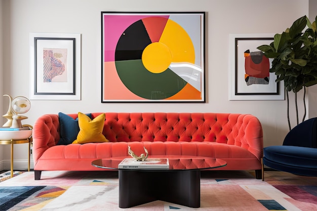 Sofá em bloco de cores ousado cercado por obras de arte brilhantes e acessórios criados com IA generativa