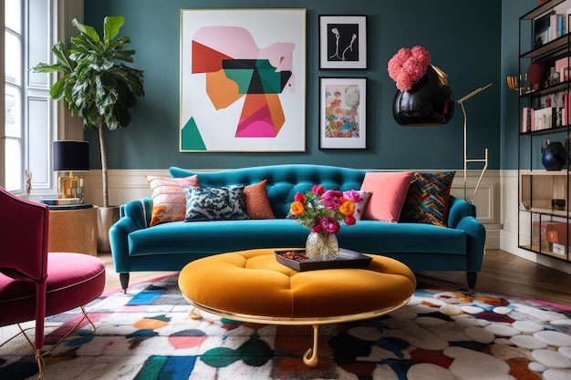 Sofá em bloco de cores ousado cercado por obras de arte brilhantes e acessórios criados com IA generativa