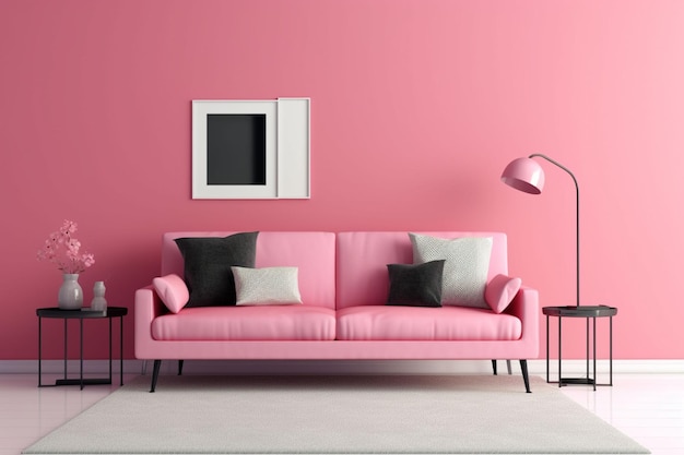 Sofa em interior de sala de estar rosa com espaço de cópia