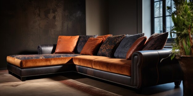 Sofa de esquina hecha de cuero y tela