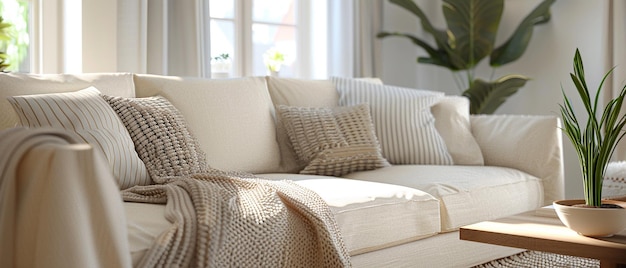 Sofa de estilo escandinavo con paleta neutral y materiales naturales