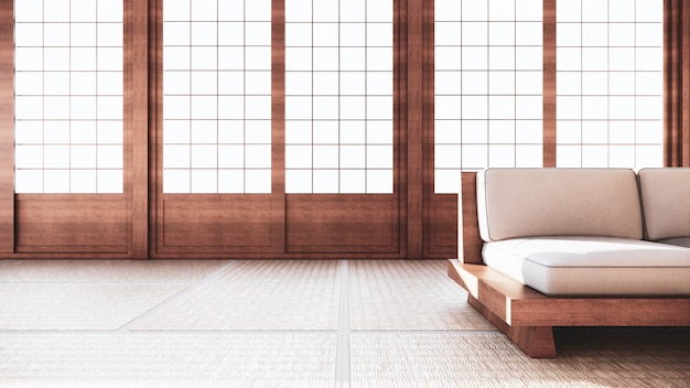 Sofá de estilo japonés en la habitación. Renderizado 3D