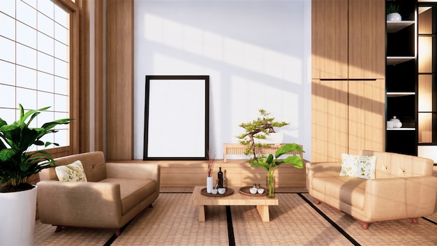 Sofá estilo japonês no quarto. renderização em 3d