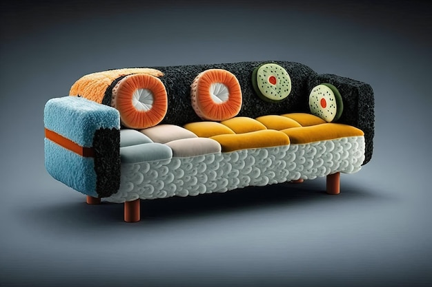 Sofá feito de rolos e sushi ilustração generativa ai