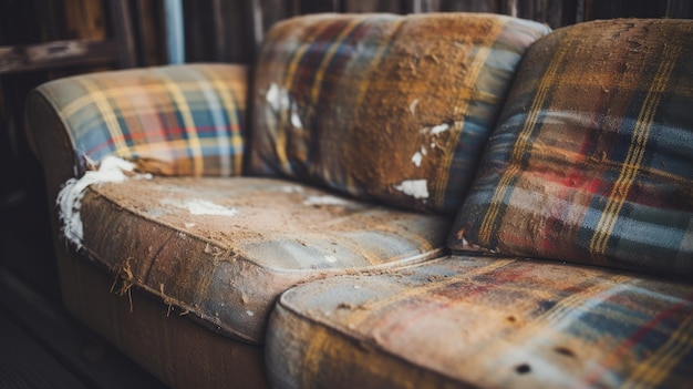Foto el sofá de franela rústico, encanto vintage con tonalidades de tierra