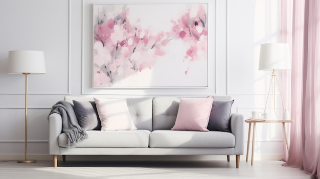 Sofa gris con almohadas rosas y manta contra el blanco