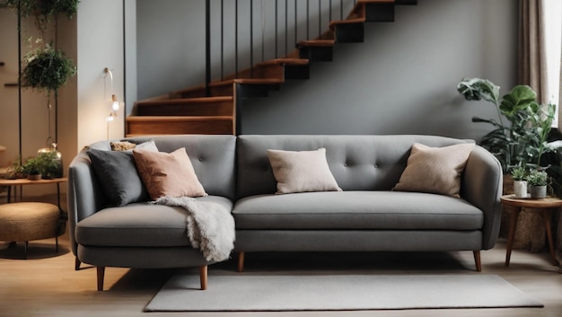 Sofá gris en una habitación con escalera en el diseño interior de la casa escandinava