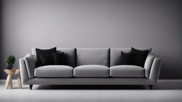 Un sofá gris hiperrealista con fondo de pared negro 8k