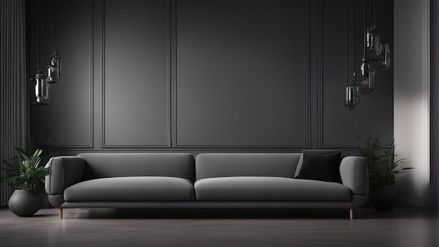 Un sofá gris hiperrealista con fondo de pared negro 8k