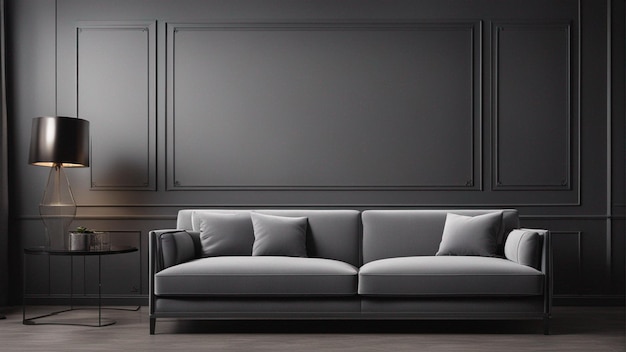 Un sofá gris hiperrealista con fondo de pared negro 8k