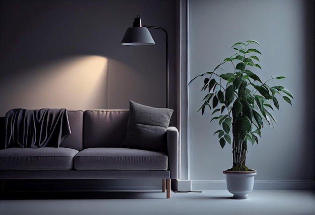 Un sofá gris, una lámpara normal y una planta de interior en una sala de estar luminosaGenerative AIxAxA