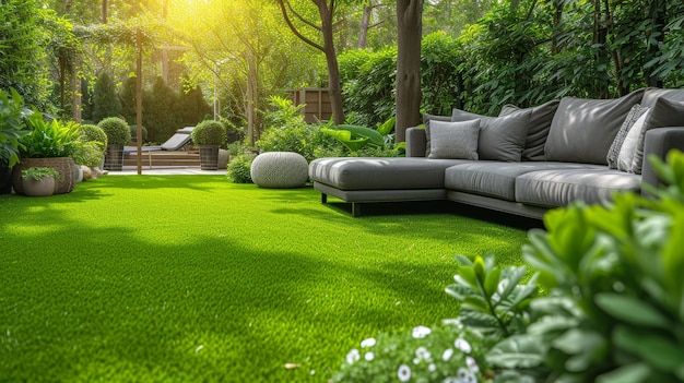 Un sofá gris se sienta cómodamente en un césped cubierto de hierba en el jardín de la casa rodeado de exuberantes árboles verdes durante un soleado día de verano