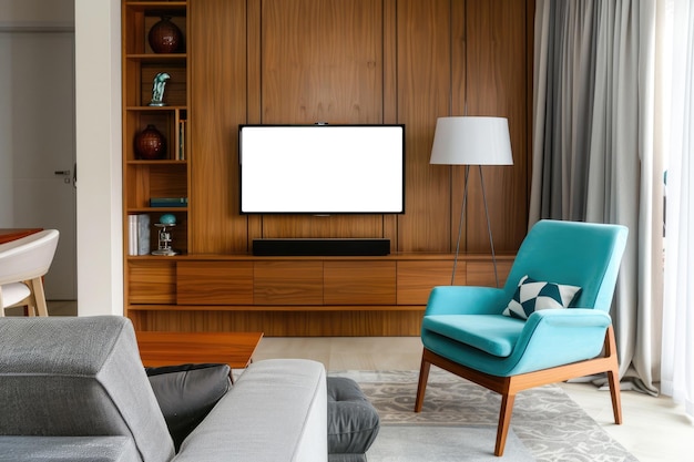 Foto un sofá gris y un sillón turquesa contrastan con un televisor de madera