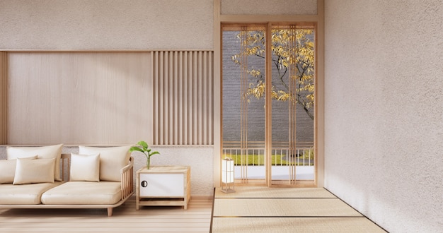 Sofá en la habitación Japón diseño tropical. Representación 3D