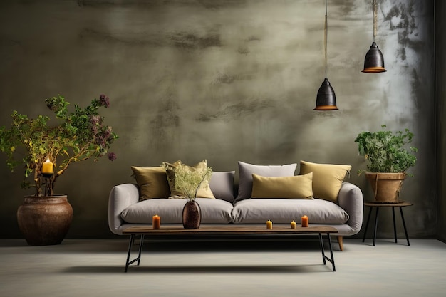 Sofa en la habitación con pared de estuco grunge y mucha vegetación Diseño biofílico de la sala de estarAI Generado