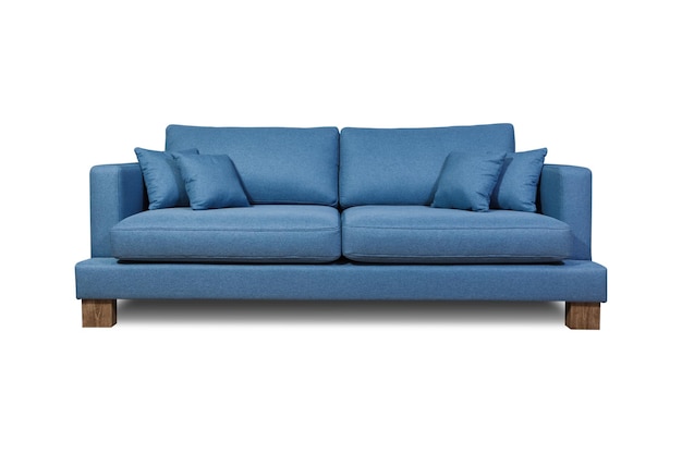 Sofa hecha de tela azul aislada sobre un fondo blanco