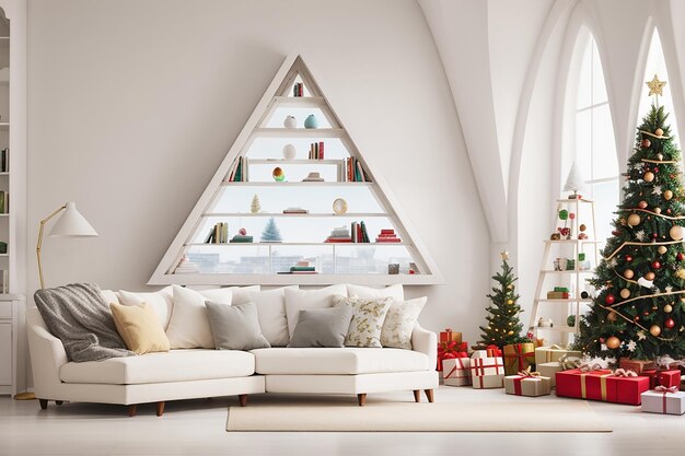 Sofa en una hermosa sala de estar de casa blanca y una estantería de libros de triángulo decorado parecen un árbol de Navidad al lado de una ventana interior deocre