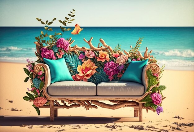 un sofá ilustrado con decoración floral en la playa generado por IA