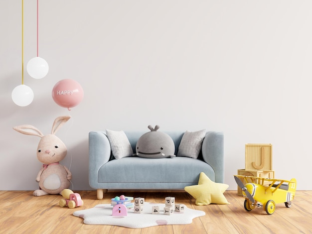 Sofa im Kinderzimmer mit Kopierraum an der Wand, weißer Hintergrund.3D-Rendering