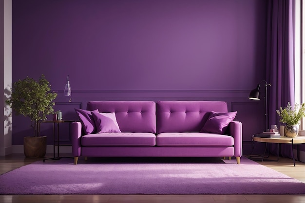 Sofa im lila Wohnzimmer mit Kopierraum