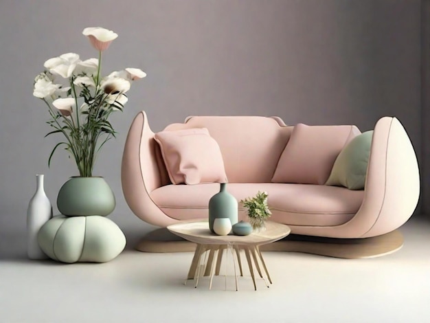 Sofa im minimalistischen Stil und abgerundete Möbel für das Wohnzimmer