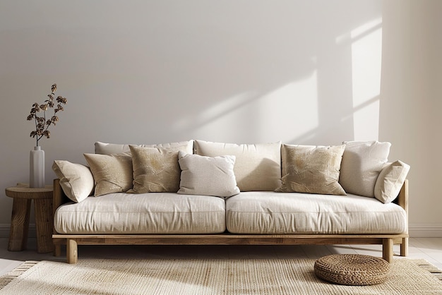 Sofa im skandinavischen Stil mit neutraler Palette und natürlichen Materialien