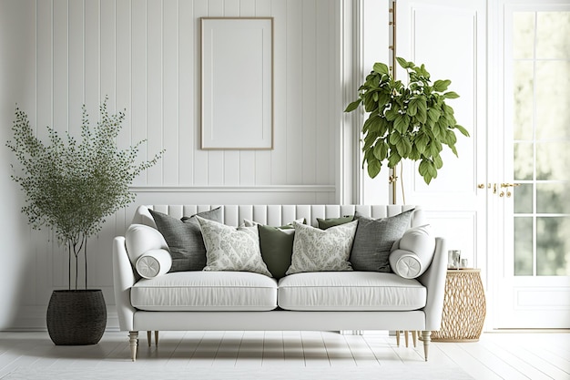 Sofa in einem weißen Wohnzimmer im skandinavischen Stil in der Dekoration