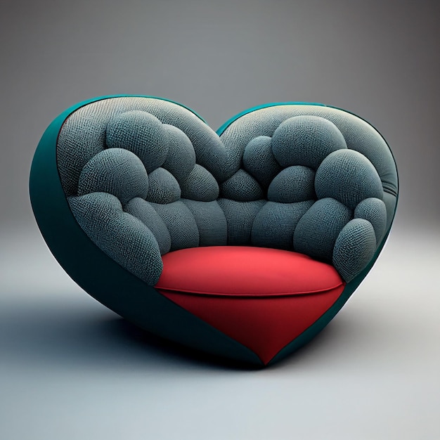 Sofá incomum em forma de coração isolado em fundo cinza close-up criativo design de móveis estofados
