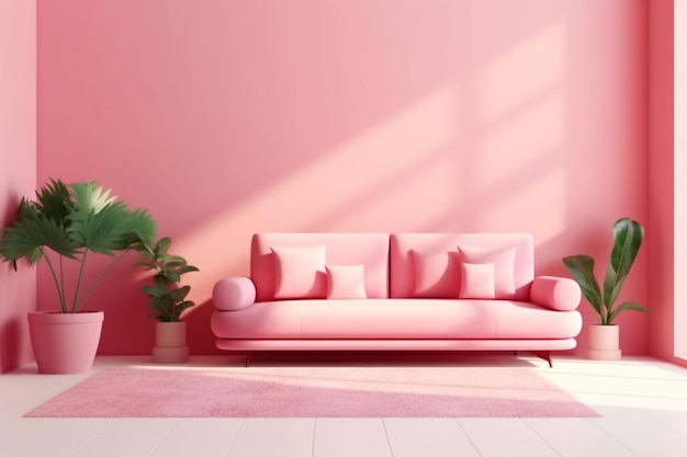 Foto sofa en el interior de la sala de estar rosa con espacio de copia