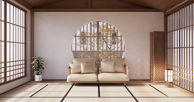 Sofa japanisch auf tropischem Interieur des Zimmers mit Tatami-Mattenboden und weißer Wand. 3D-Rendering