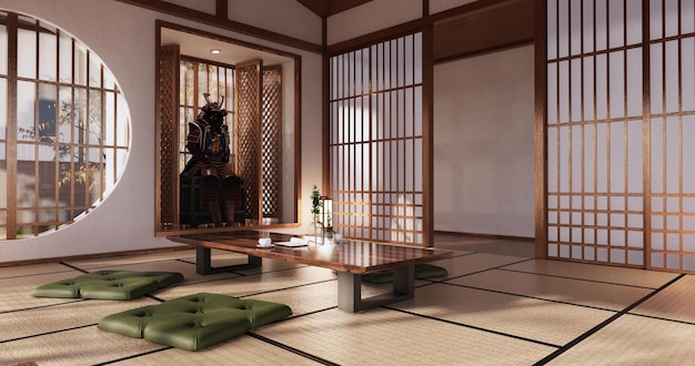 Sofa japanisch auf tropischem Interieur des Zimmers mit Tatami-Mattenboden und weißer Wand. 3D-Rendering