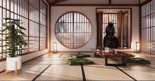 Sofa japanisch auf tropischem Interieur des Zimmers mit Tatami-Mattenboden und weißer Wand. 3D-Rendering