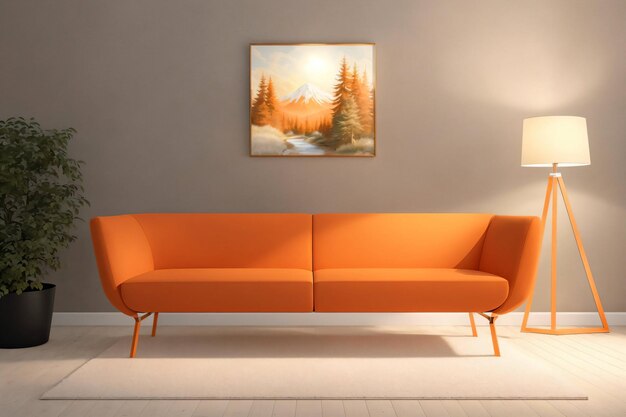 Sofá laranja no interior moderno Imagem em uma parede gerada por IA