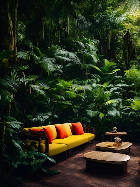 Foto sofá de lujo en el bosque tropical ilustración generativa cinematográfica de luz diurna