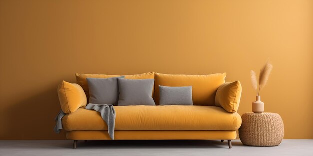 Sofá macio amarelo com almofadas cinza na ideia de design de interiores de fundo de parede amarela IA generativa