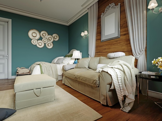 Sofá macio elegante com um dossel, perto de uma parede de madeira com uma foto. Mesa lateral com luminária, sala de estar estilo provençal. renderização em 3D
